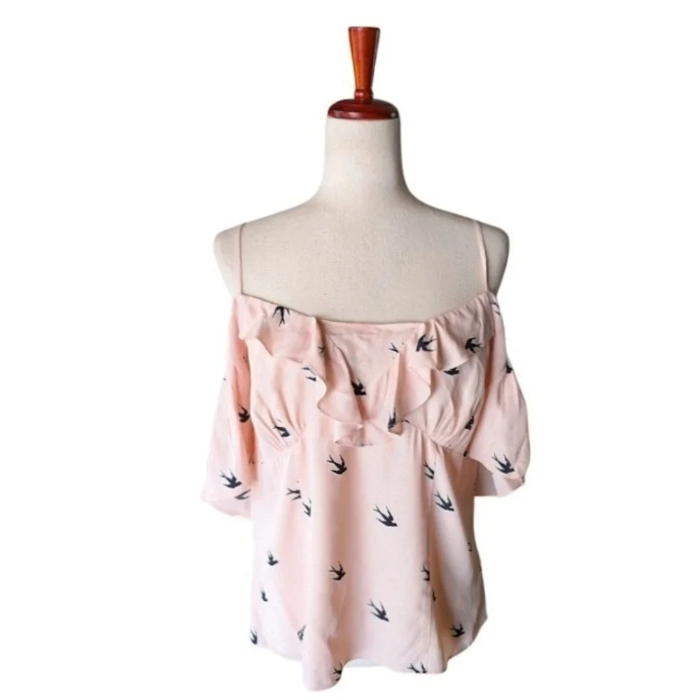 McQ Alexander McQueen Pink Swallow Bird Print Cold Shoulder Ruffle Top Size 44 - Picture 2 of 11